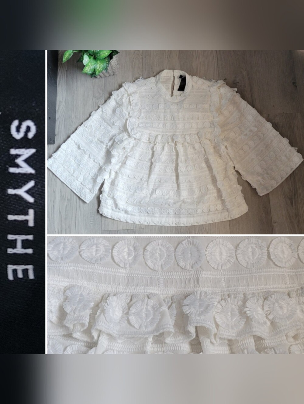 Smythe A-Line Ivory 3d-Embroidered Floral Bell Sleeve Mock Neck Blouse, Large